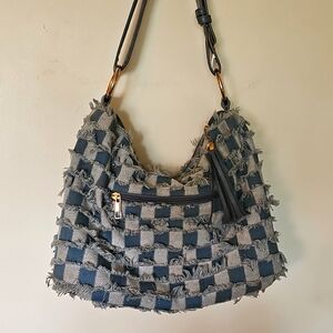 Boho Blue and White Checkered Women Bag with matching wallet.